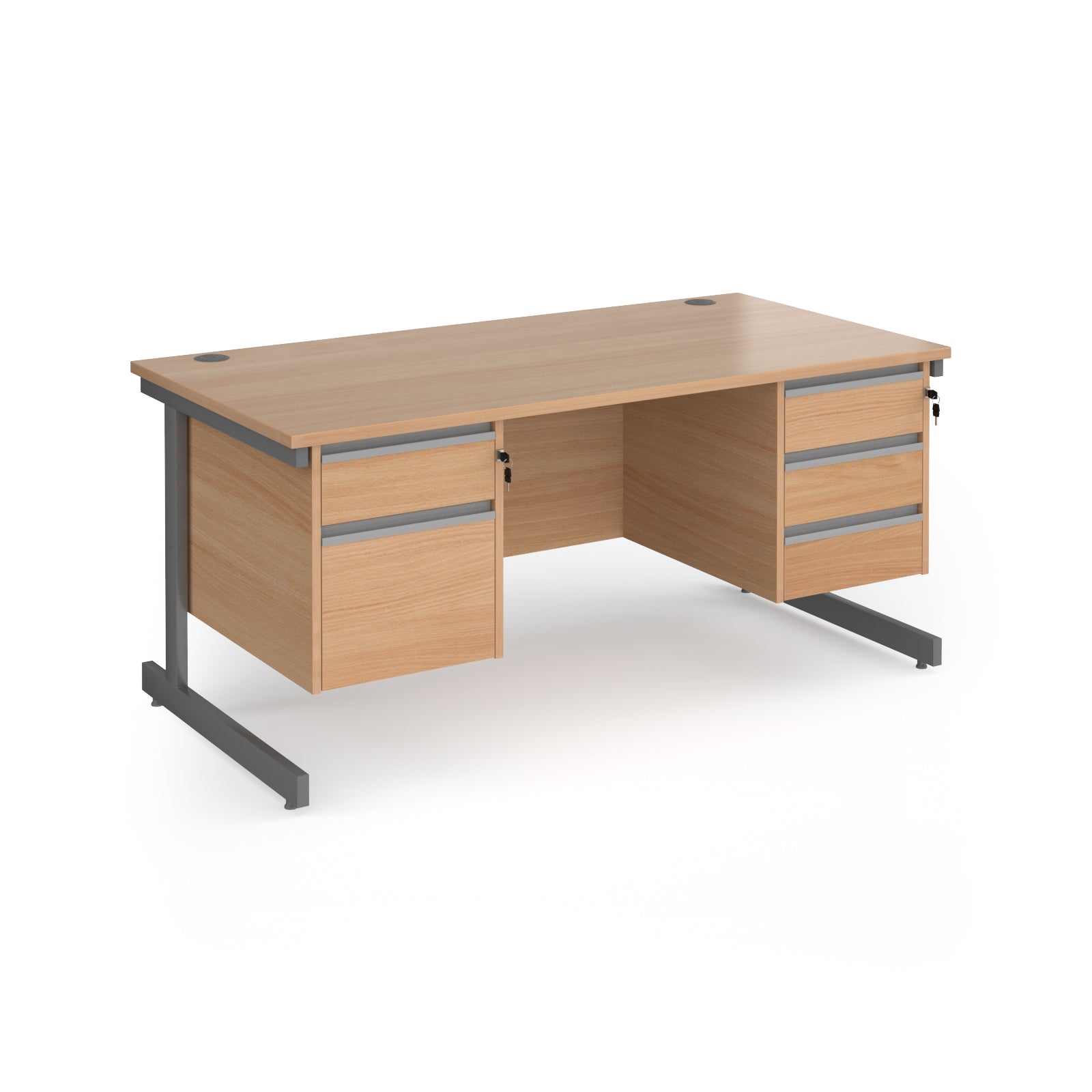 Rectangular desk with wood-effect top and two matching pedestals one 2-drawer and one 3-drawer, grey metal frame, shown on a white background