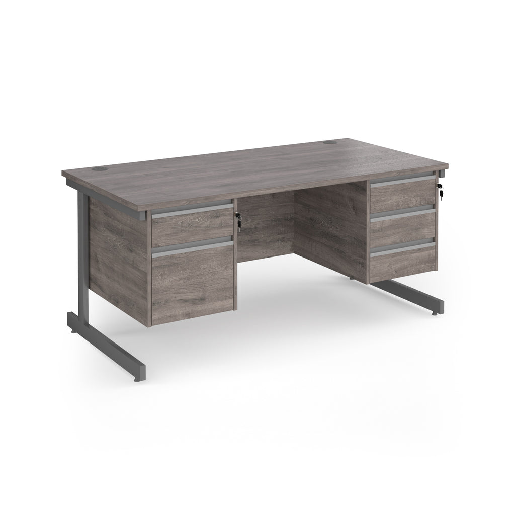 Rectangular desk with grey wood-effect top and two matching pedestals one 2-drawer and one 3-drawer, grey metal frame, shown on a white background