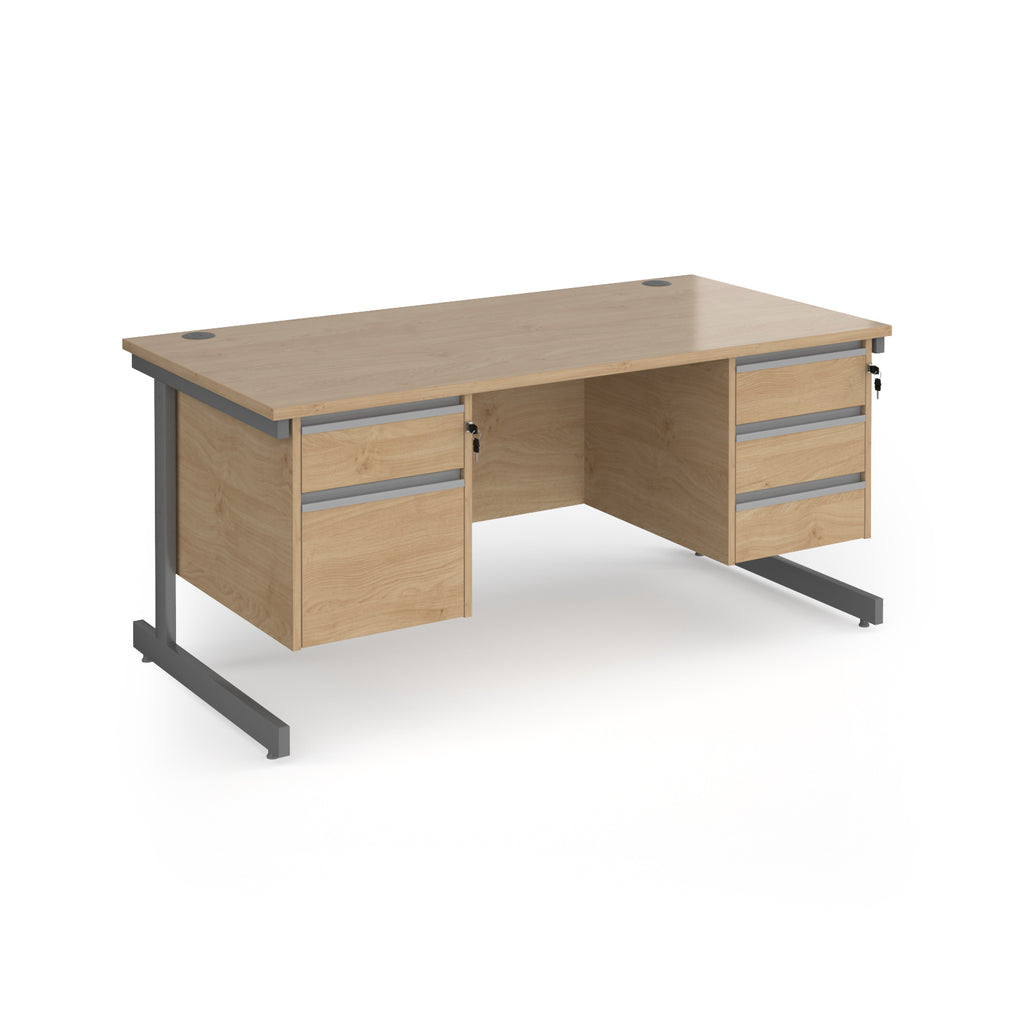 Rectangular desk with wood-effect top and two matching pedestals one 2-drawer and one 3-drawer, grey metal frame, shown on a white background