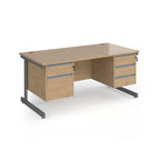 Rectangular desk with wood-effect top and two matching pedestals one 2-drawer and one 3-drawer, grey metal frame, shown on a white background