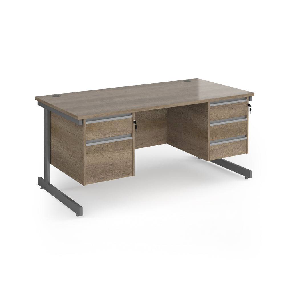 Rectangular desk with wood-effect top and two matching pedestals one 2-drawer and one 3-drawer, grey metal frame, shown on a white background