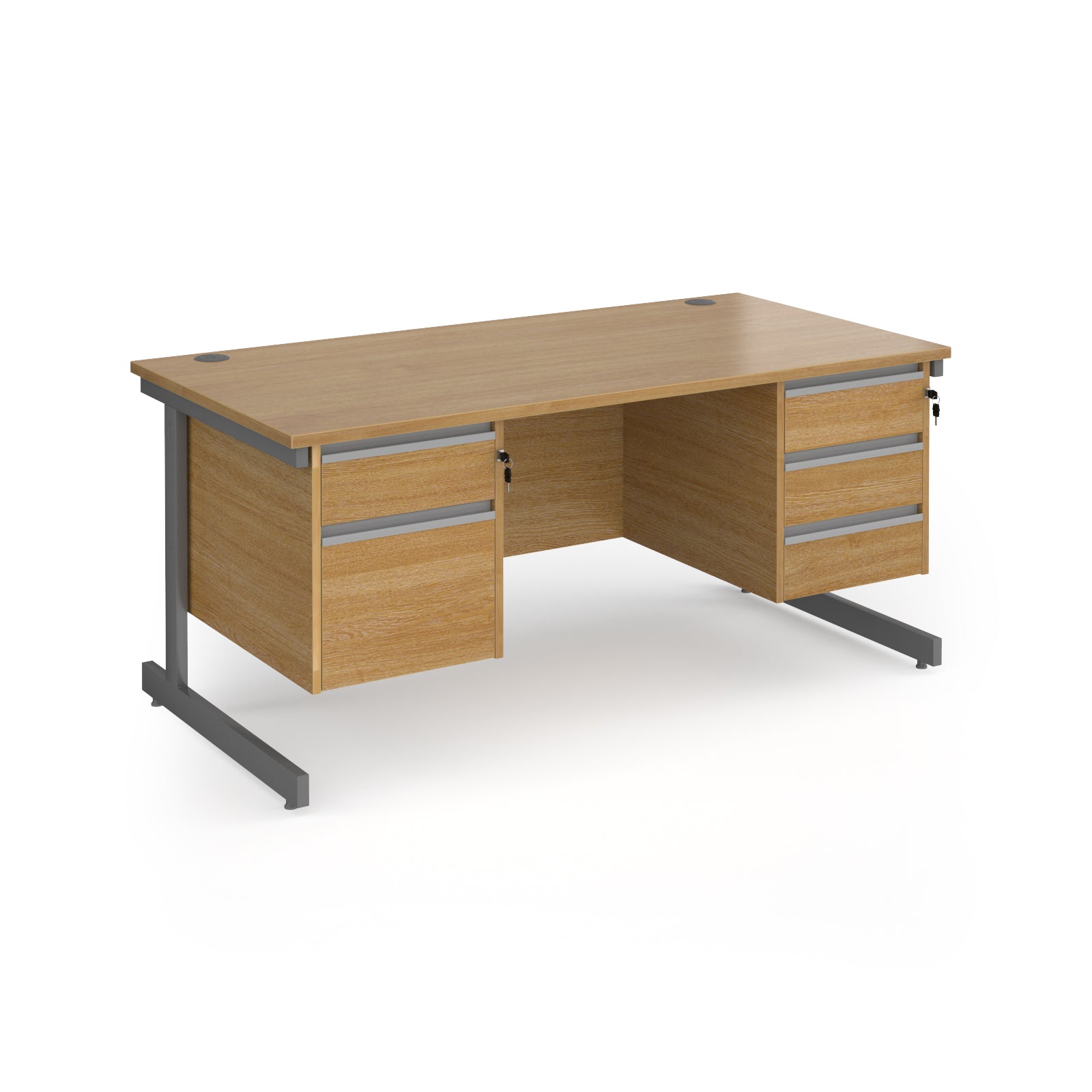 Rectangular desk with wood-effect top and two matching pedestals one 2-drawer and one 3-drawer, grey metal frame, shown on a white background