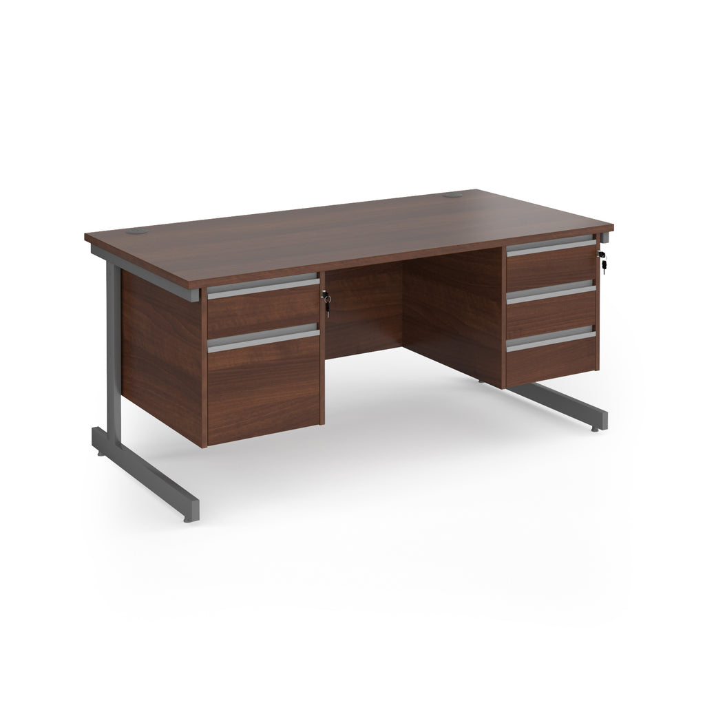 Rectangular desk with wood-effect top and two matching pedestals one 2-drawer and one 3-drawer, grey metal frame, shown on a white background
