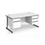 Rectangular desk with white top and two matching pedestals one 2-drawer and one 3-drawer, grey metal frame, shown on a white background