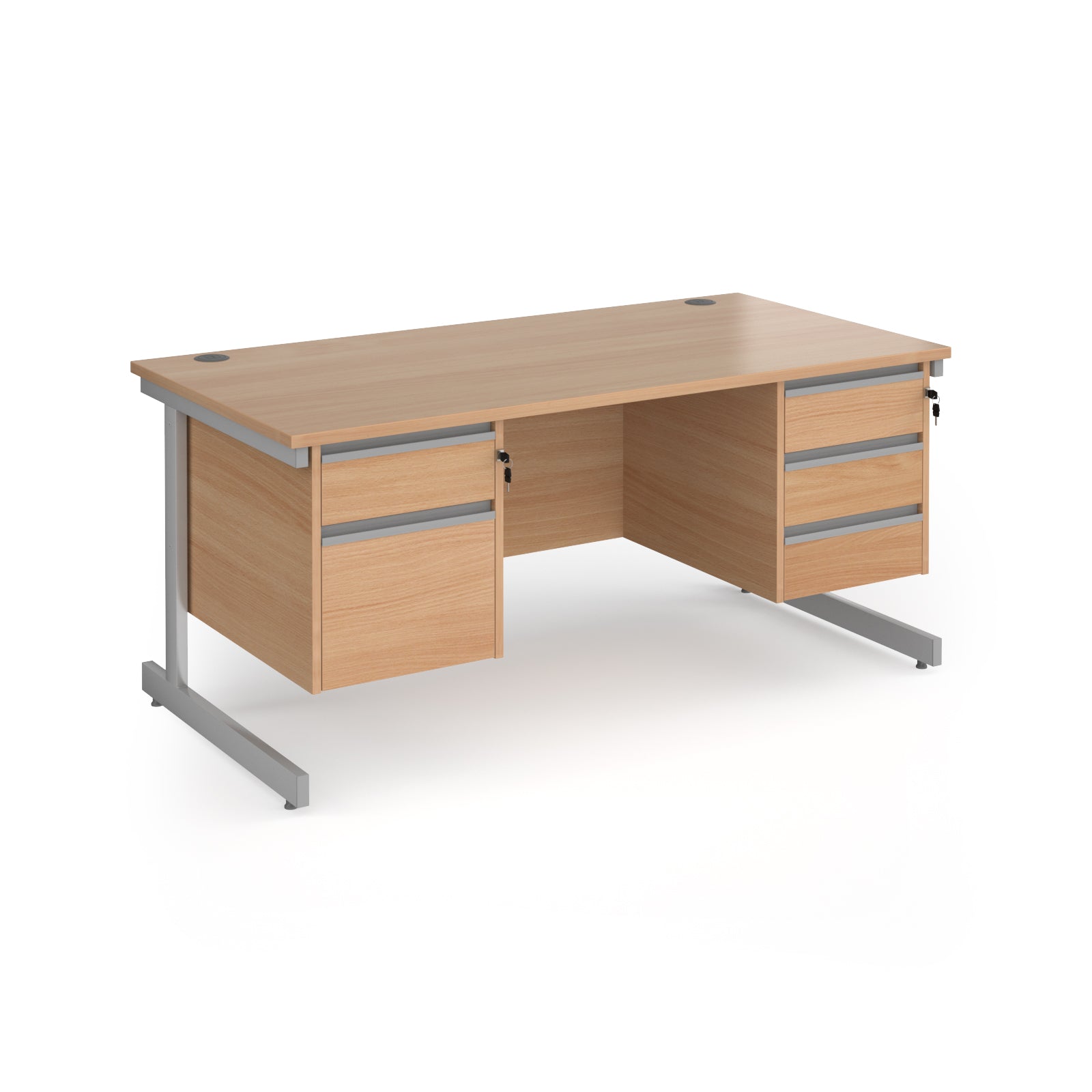 Rectangular desk with wood-effect top and two matching pedestals one 2-drawer and one 3-drawer, silver metal frame, shown on a white background