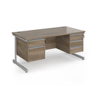 Rectangular desk with wood-effect top and two matching pedestals one 2-drawer and one 3-drawer, silver metal frame, shown on a white background
