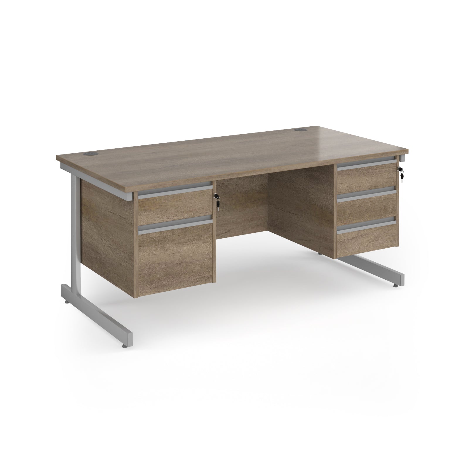 Rectangular desk with wood-effect top and two matching pedestals one 2-drawer and one 3-drawer, silver metal frame, shown on a white background