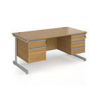 Rectangular desk with wood-effect top and two matching pedestals one 2-drawer and one 3-drawer, silver metal frame, shown on a white background