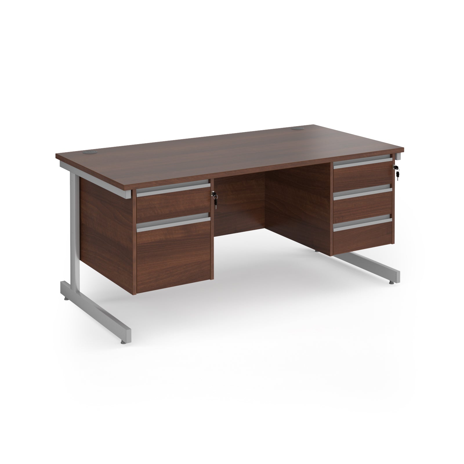 Rectangular desk with wood-effect top and two matching pedestals one 2-drawer and one 3-drawer, silver metal frame, shown on a white background