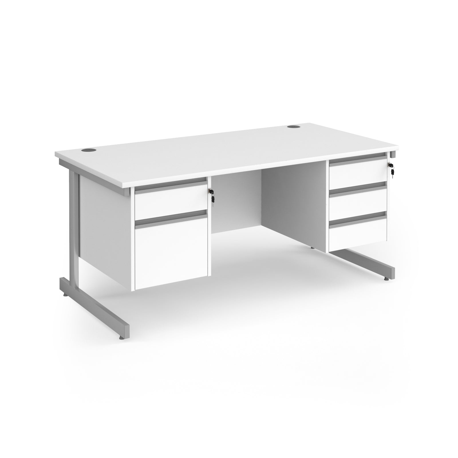 Rectangular desk with white top and two matching pedestals one 2-drawer and one 3-drawer, silver metal frame, shown on a white background