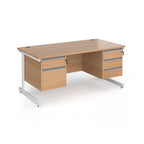 Rectangular desk with wood-effect top and two matching pedestals one 2-drawer and one 3-drawer, white metal frame, shown on a white background