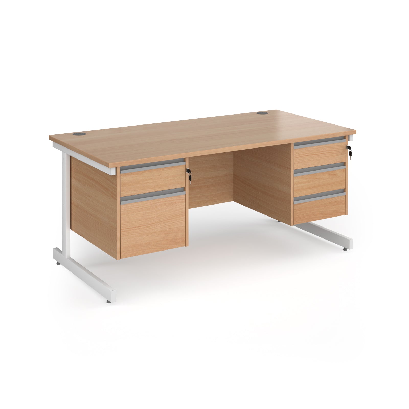 Rectangular desk with wood-effect top and two matching pedestals one 2-drawer and one 3-drawer, white metal frame, shown on a white background