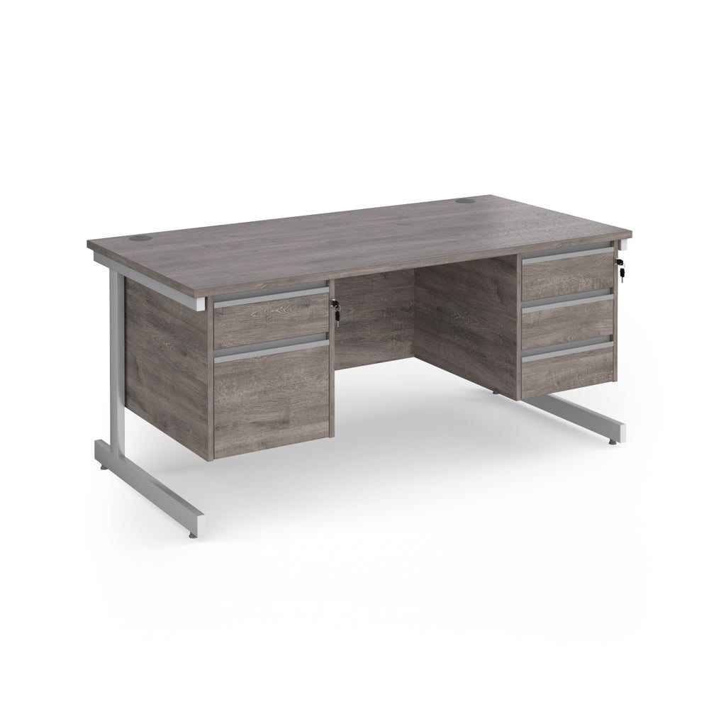 Rectangular desk with grey wood-effect top and two matching pedestals one 2-drawer and one 3-drawer, white metal frame, shown on a white background