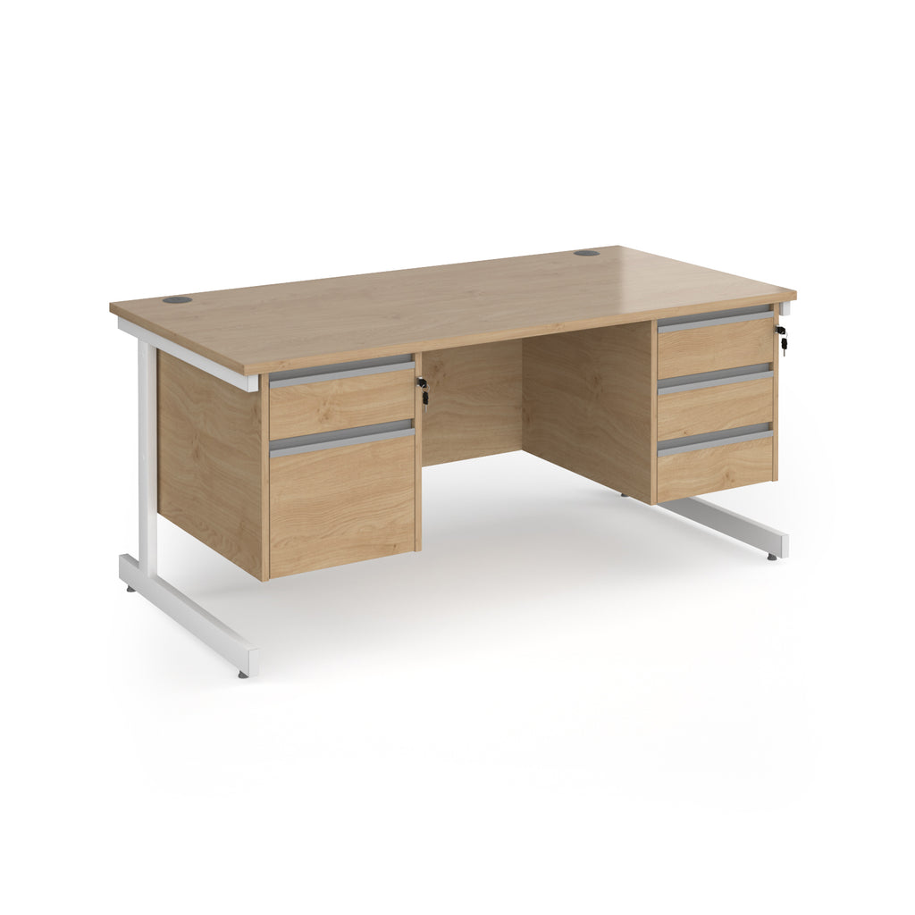 Rectangular desk with wood-effect top and two matching pedestals one 2-drawer and one 3-drawer, white metal frame, shown on a white background