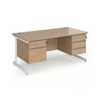 Rectangular desk with wood-effect top and two matching pedestals one 2-drawer and one 3-drawer, white metal frame, shown on a white background