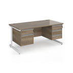 Rectangular desk with wood-effect top and two matching pedestals one 2-drawer and one 3-drawer, white metal frame, shown on a white background