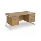 Rectangular desk with wood-effect top and two matching pedestals one 2-drawer and one 3-drawer, white metal frame, shown on a white background
