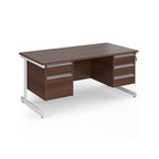 Rectangular desk with wood-effect top and two matching pedestals one 2-drawer and one 3-drawer, white metal frame, shown on a white background