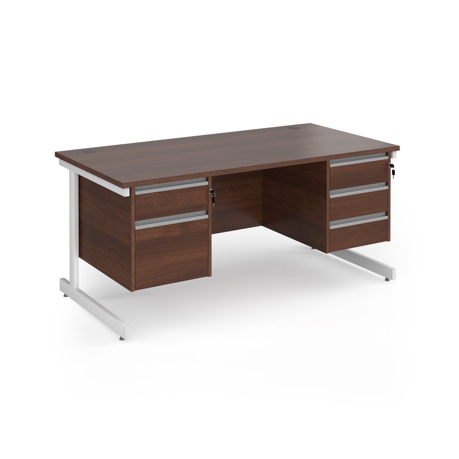 Rectangular desk with wood-effect top and two matching pedestals one 2-drawer and one 3-drawer, white metal frame, shown on a white background