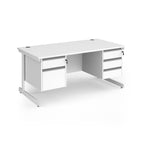 White rectangular desk with two matching pedestals one 2-drawer and one 3-drawer, metal frame, shown on a white background