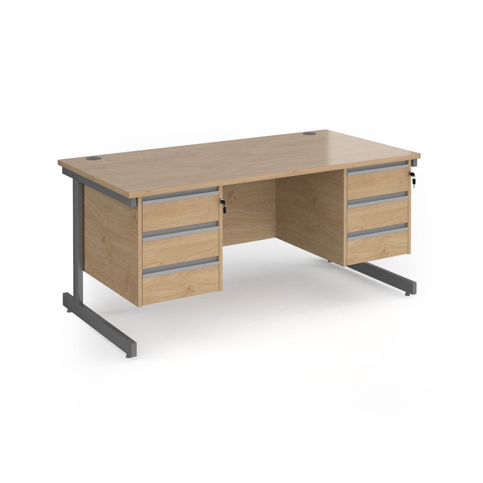 A modern office desk with a light oak wood grain finish and dark grey metal legs, featuring three drawers on the left and three drawers on the right.