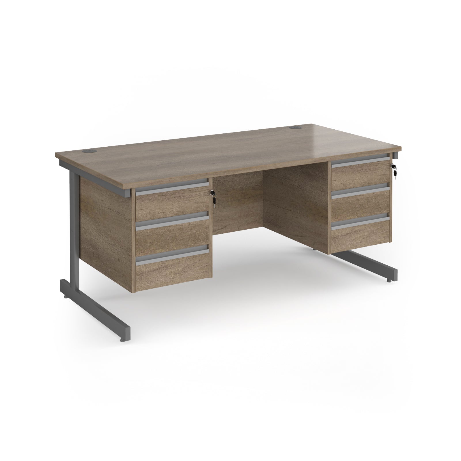 A modern office desk with a grey/brown wood grain finish and dark grey metal legs, featuring three drawers on the left and three drawers on the right.