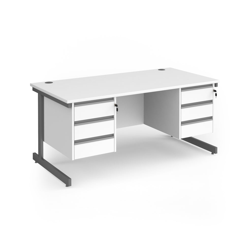 A modern office desk with a white finish and dark grey metal legs, featuring three drawers on the left and three drawers on the right.