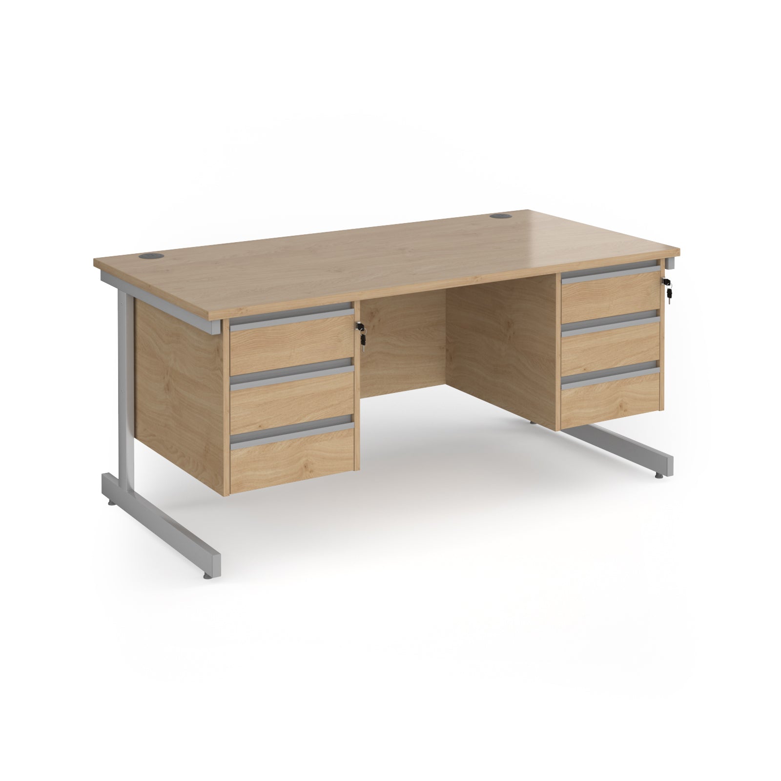 A modern office desk with a light oak wood grain finish and silver metal legs, featuring three drawers on the left and three drawers on the right.