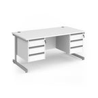 A modern office desk with a white finish and silver metal legs, featuring three drawers on the left and three drawers on the right.