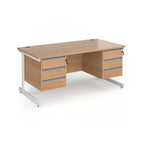 A modern office desk with a light beech wood grain finish and white metal legs, featuring three drawers on the left and three drawers on the right.
