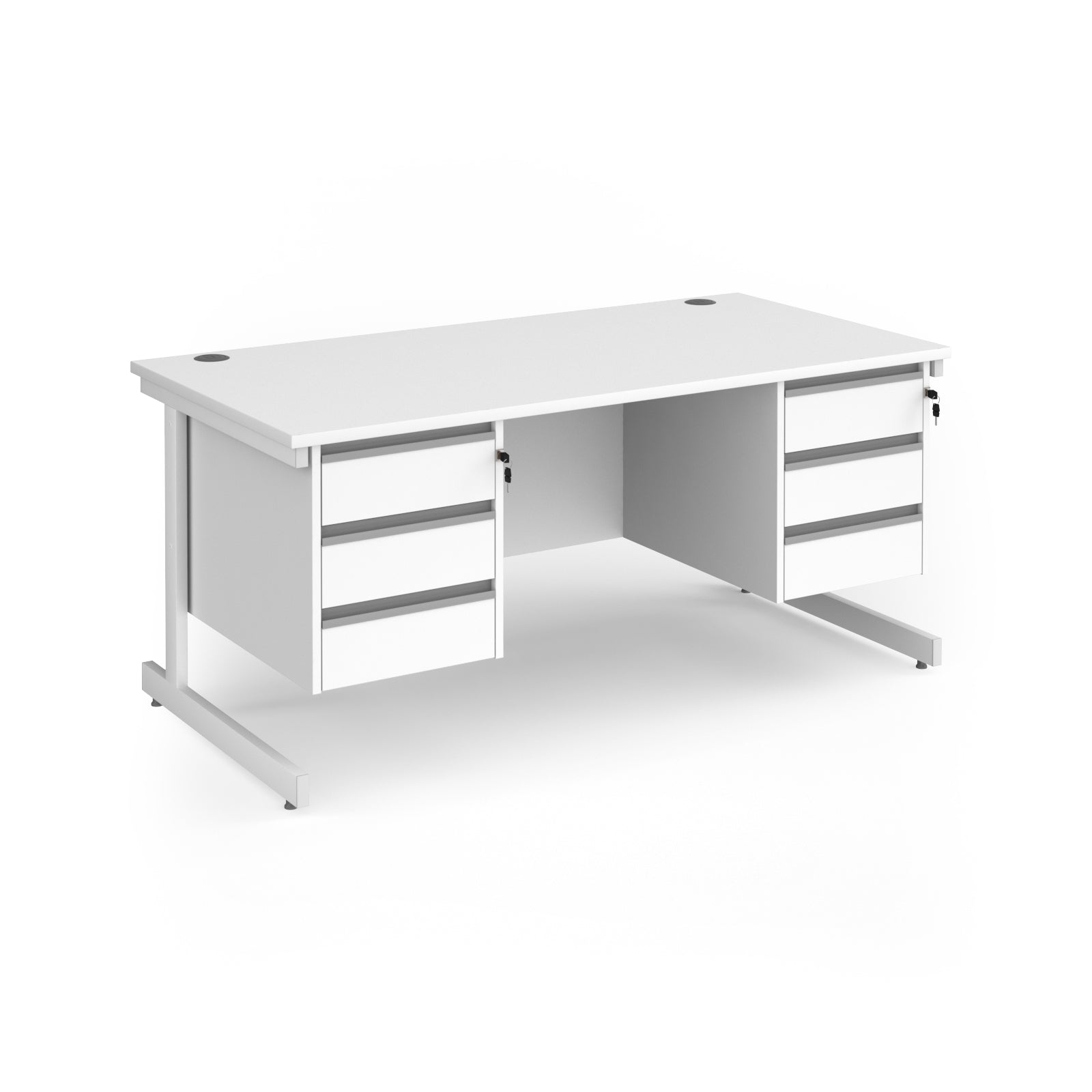 A modern office desk with a white finish and white metal legs, featuring three drawers on the left and three drawers on the right.