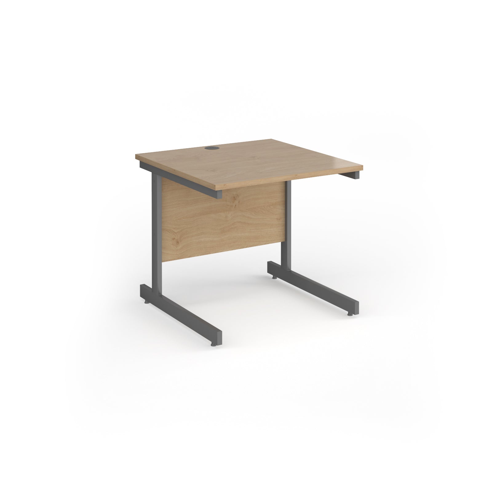 Square desk with wood-effect top and grey metal frame on a white background