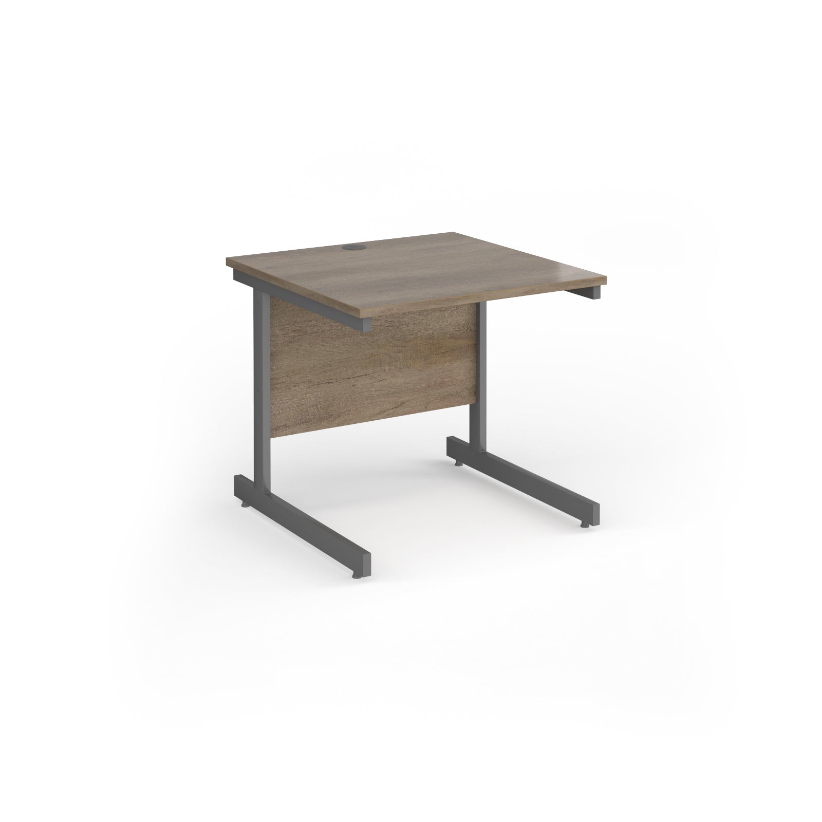 Square desk with wood-effect top and grey metal frame on a white background