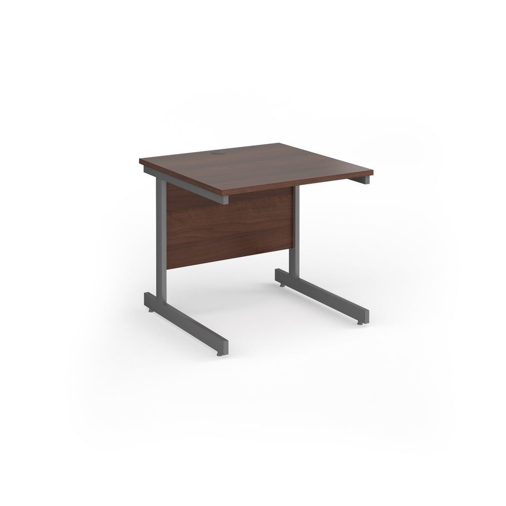 Square desk with wood-effect top and grey metal frame on a white background