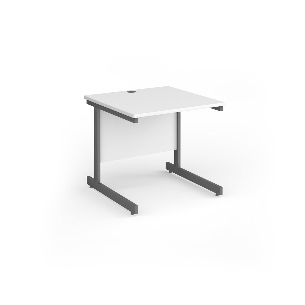 Square desk with white top and grey metal frame on a white background