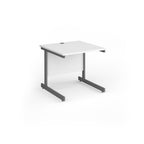 Square desk with white top and grey metal frame on a white background