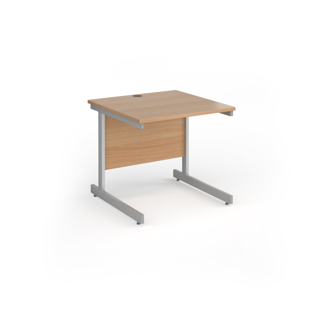 Square desk with wood-effect top and silver metal frame on a white background