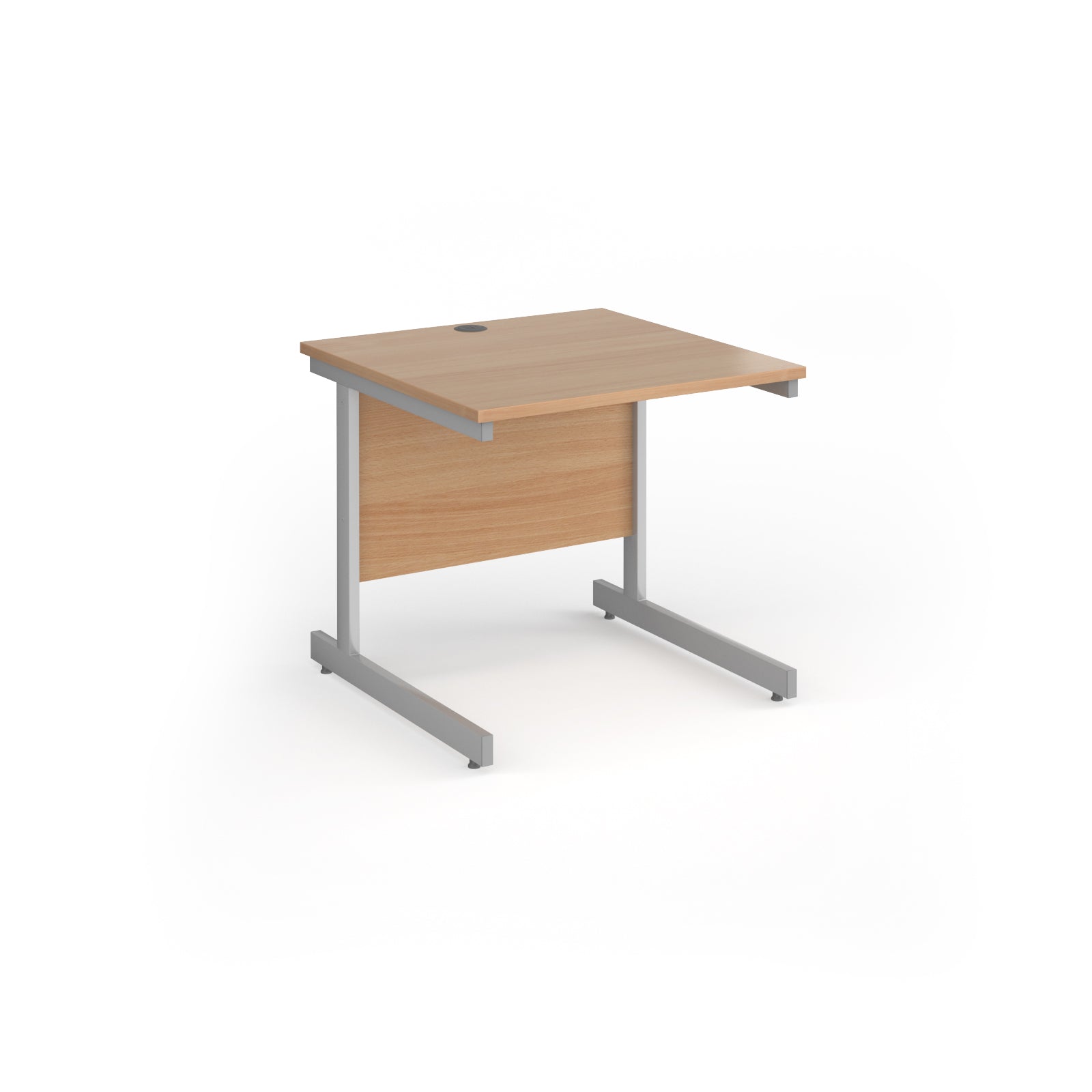 Square desk with wood-effect top and silver metal frame on a white background