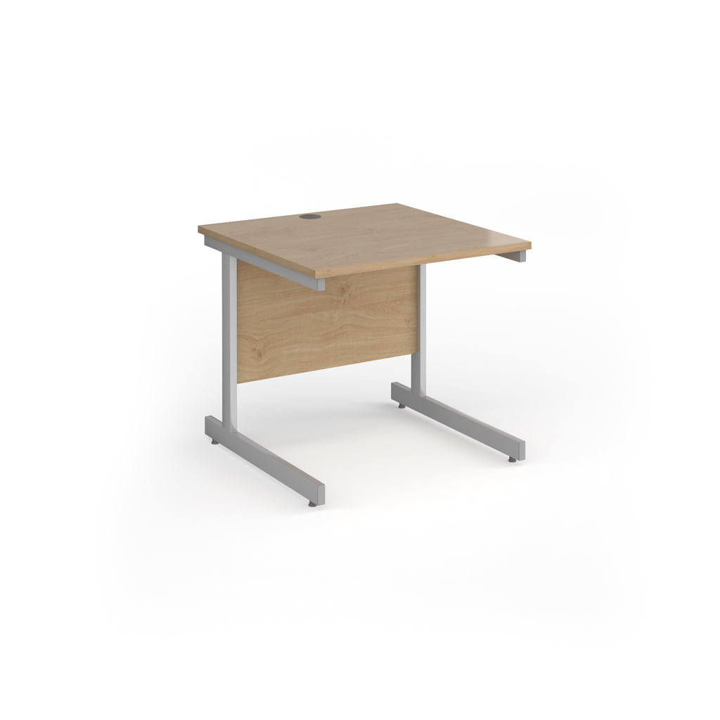Square desk with wood-effect top and silver metal frame on a white background