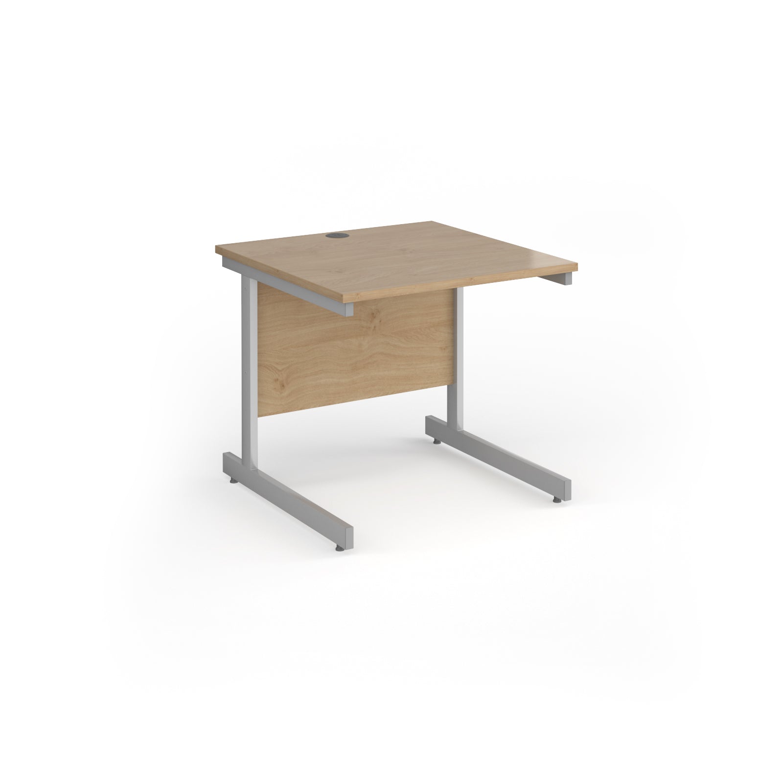 Square desk with wood-effect top and silver metal frame on a white background