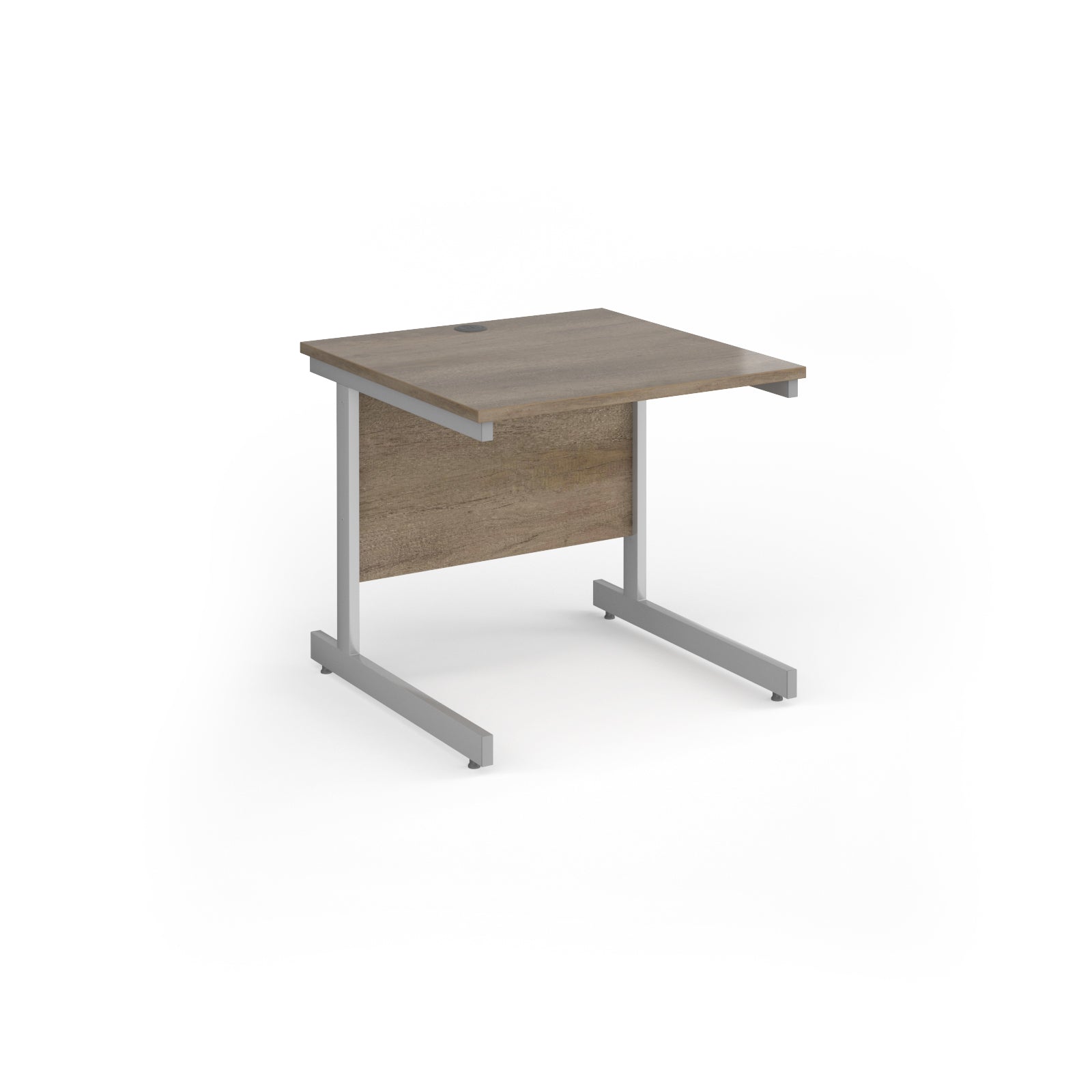 Square desk with wood-effect top and silver metal frame on a white background