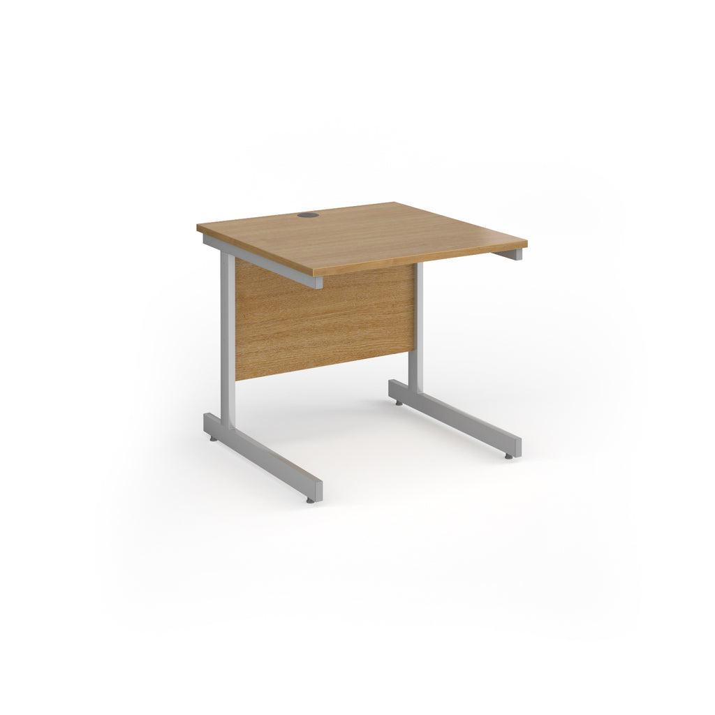 Square desk with wood-effect top and silver metal frame on a white background