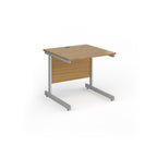 Square desk with wood-effect top and silver metal frame on a white background