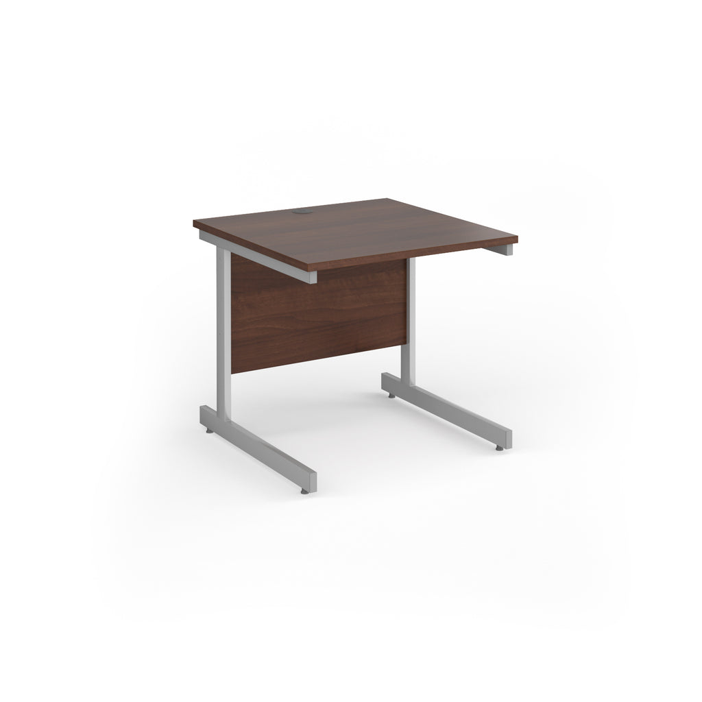 Square desk with wood-effect top and silver metal frame on a white background