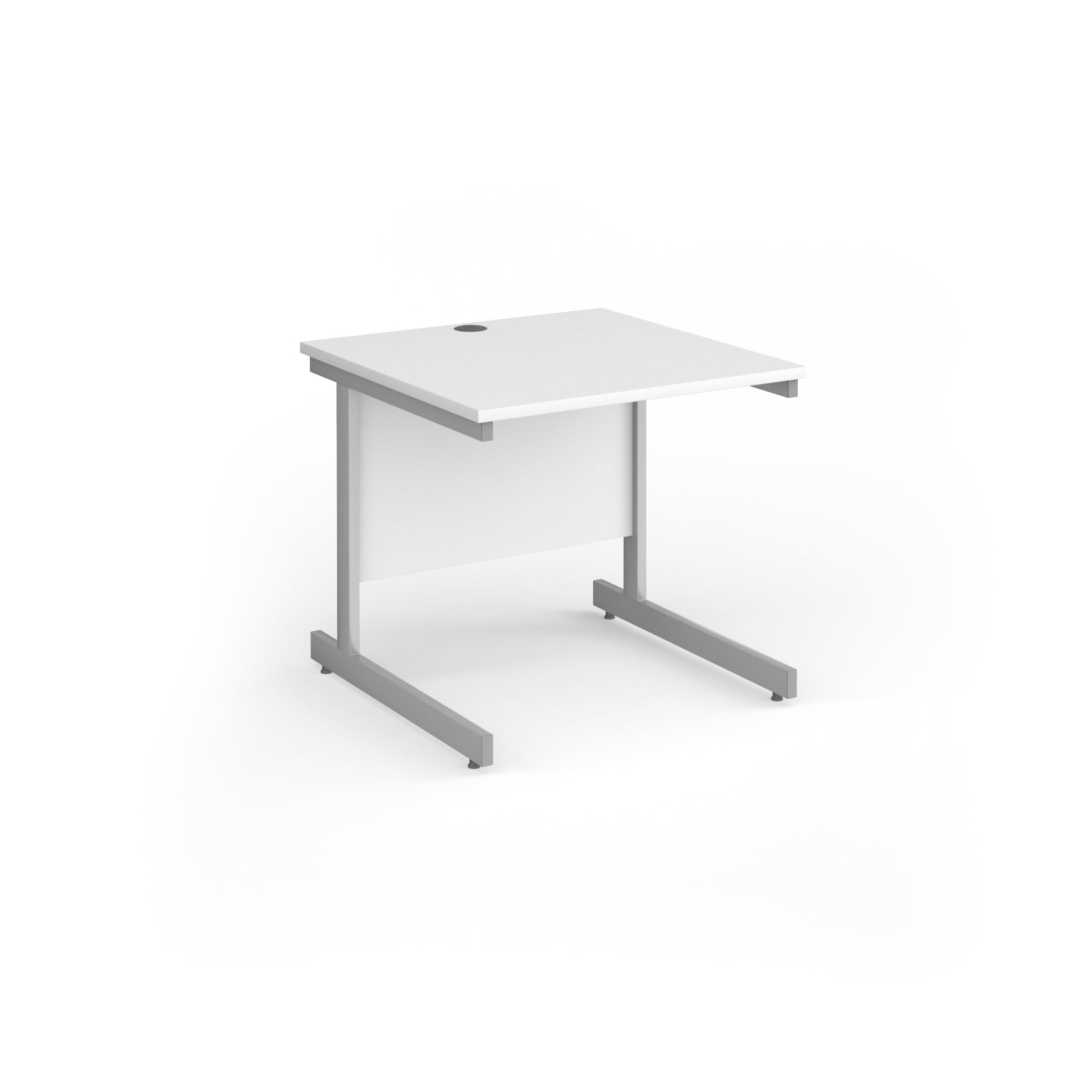 Square desk with white top and silver metal frame on a white background