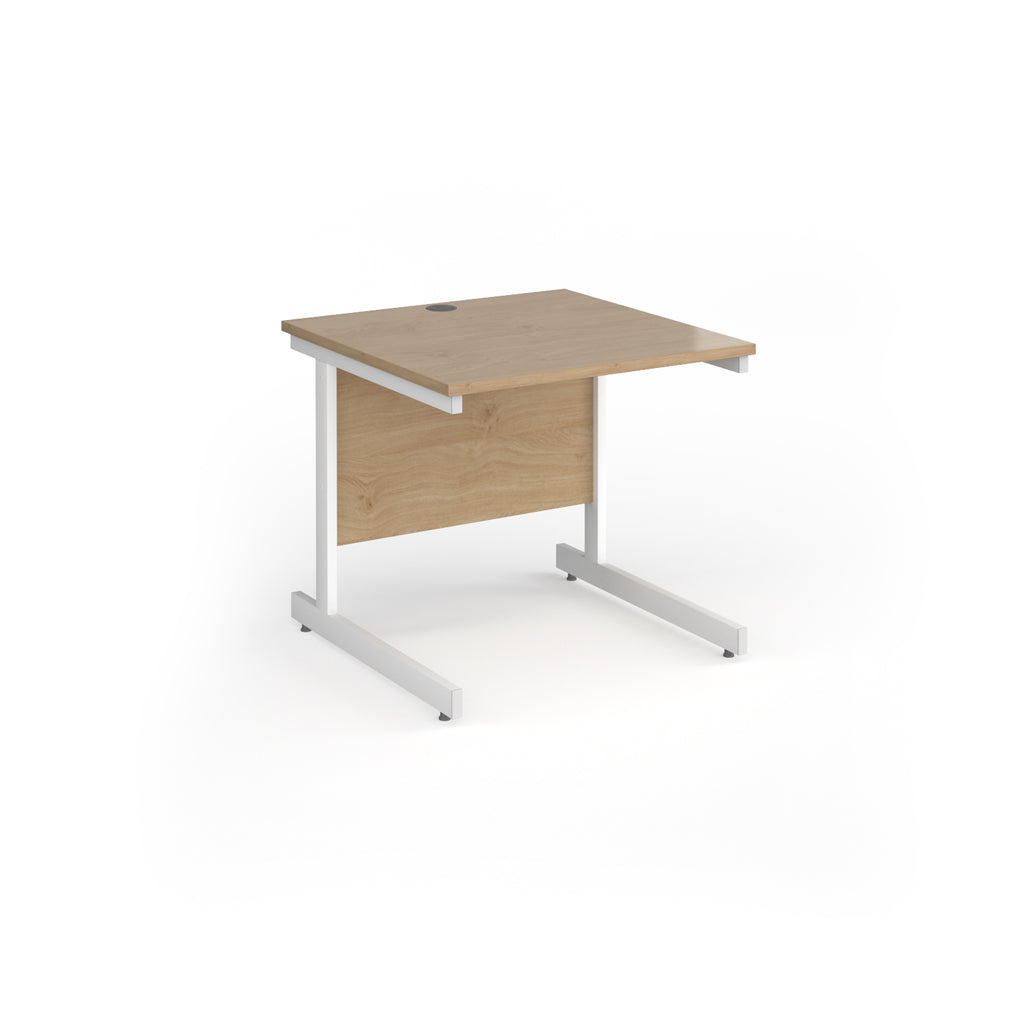 Square desk with wood-effect top and white metal frame on a white background