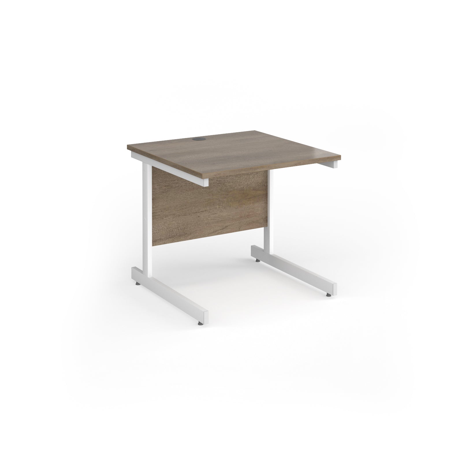 Square desk with wood-effect top and white metal frame on a white background