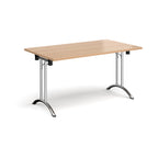 Folding table with wood-effect top and chrome legs on a white background