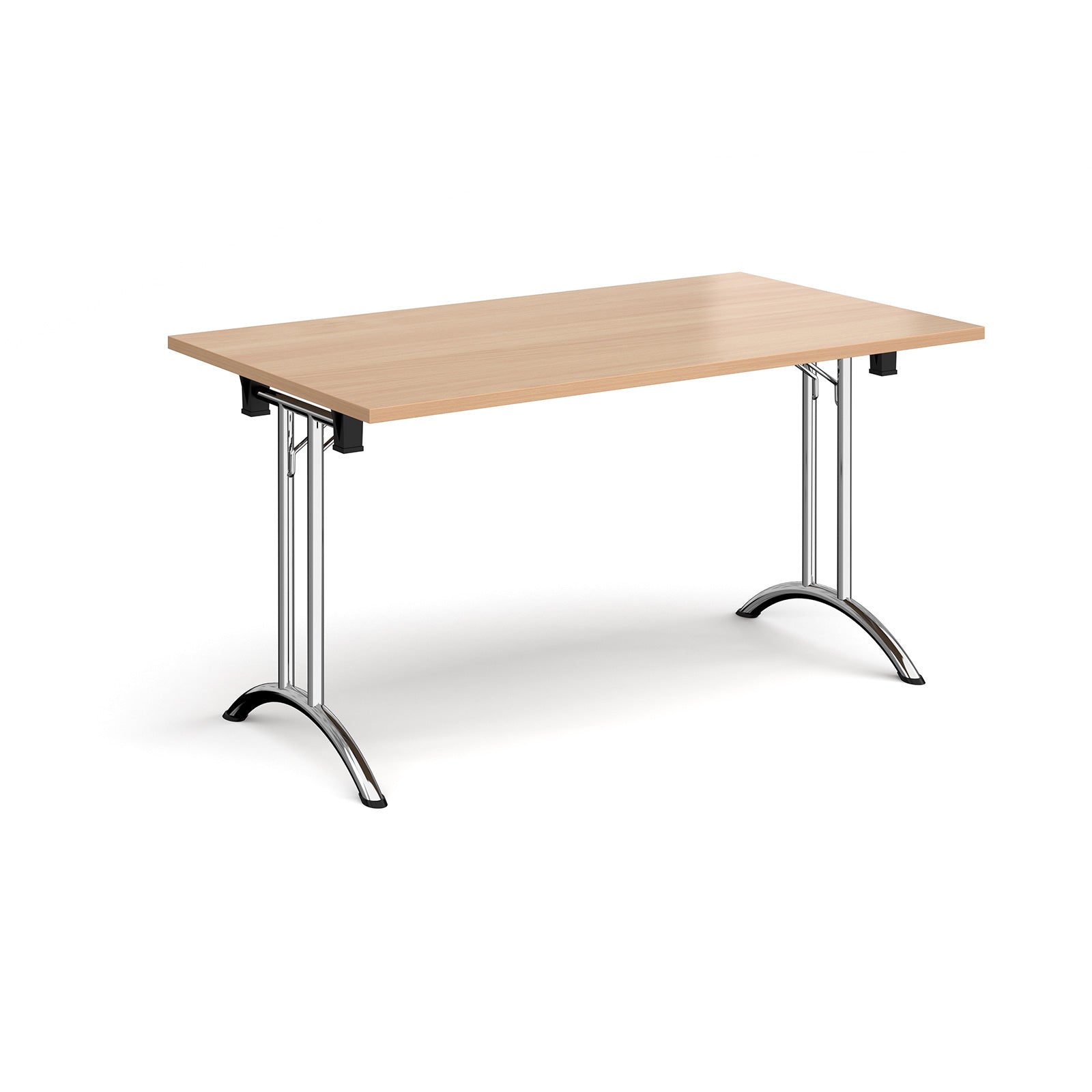 Folding table with wood-effect top and chrome legs on a white background