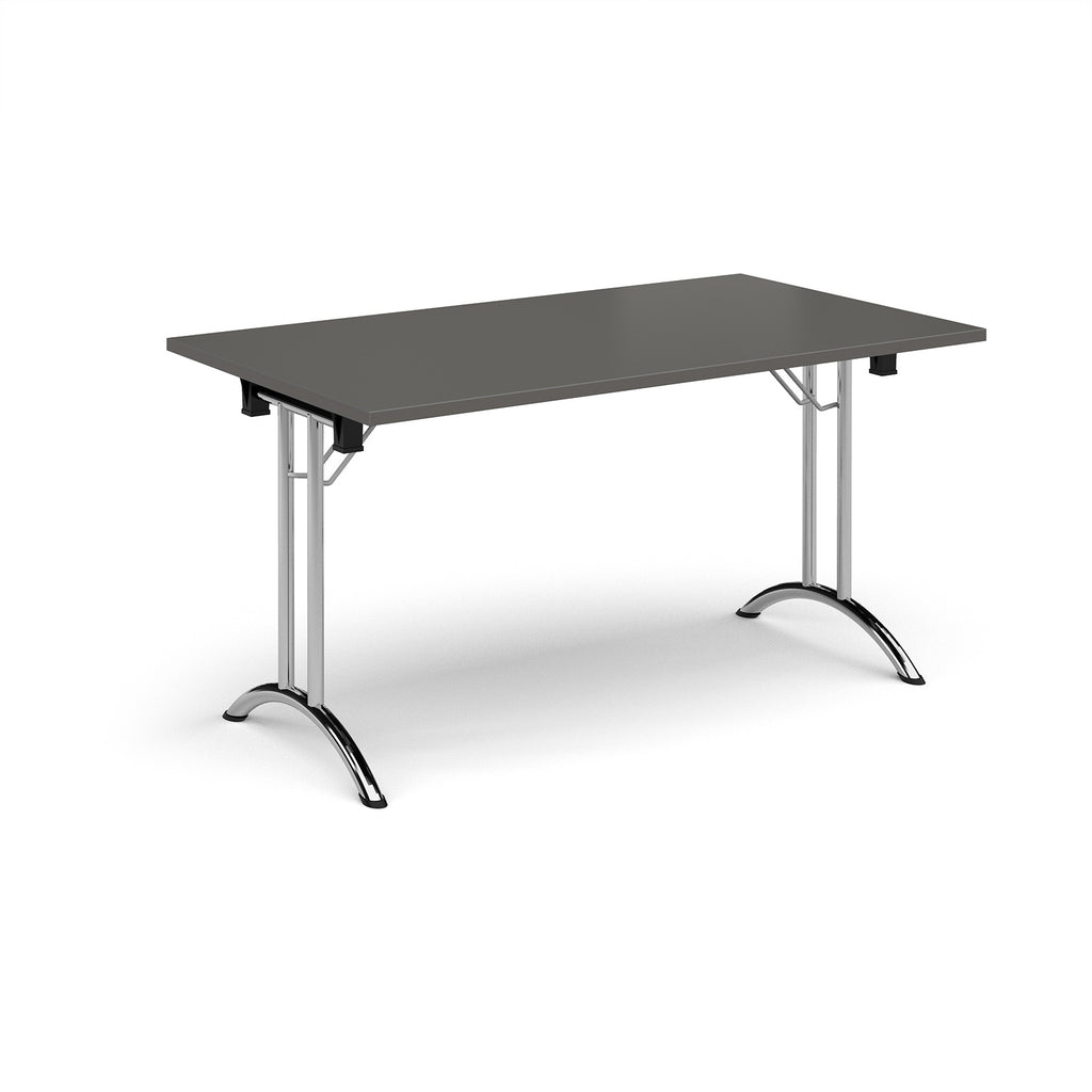 Folding table with grey top and chrome legs on a white background